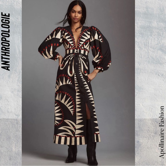 FARM RIO COCONUT GROVE MAXI DRESS WITH PUFF SLEEVES MEDIUM NWT BLACK COMBO - Picture 4 of 11